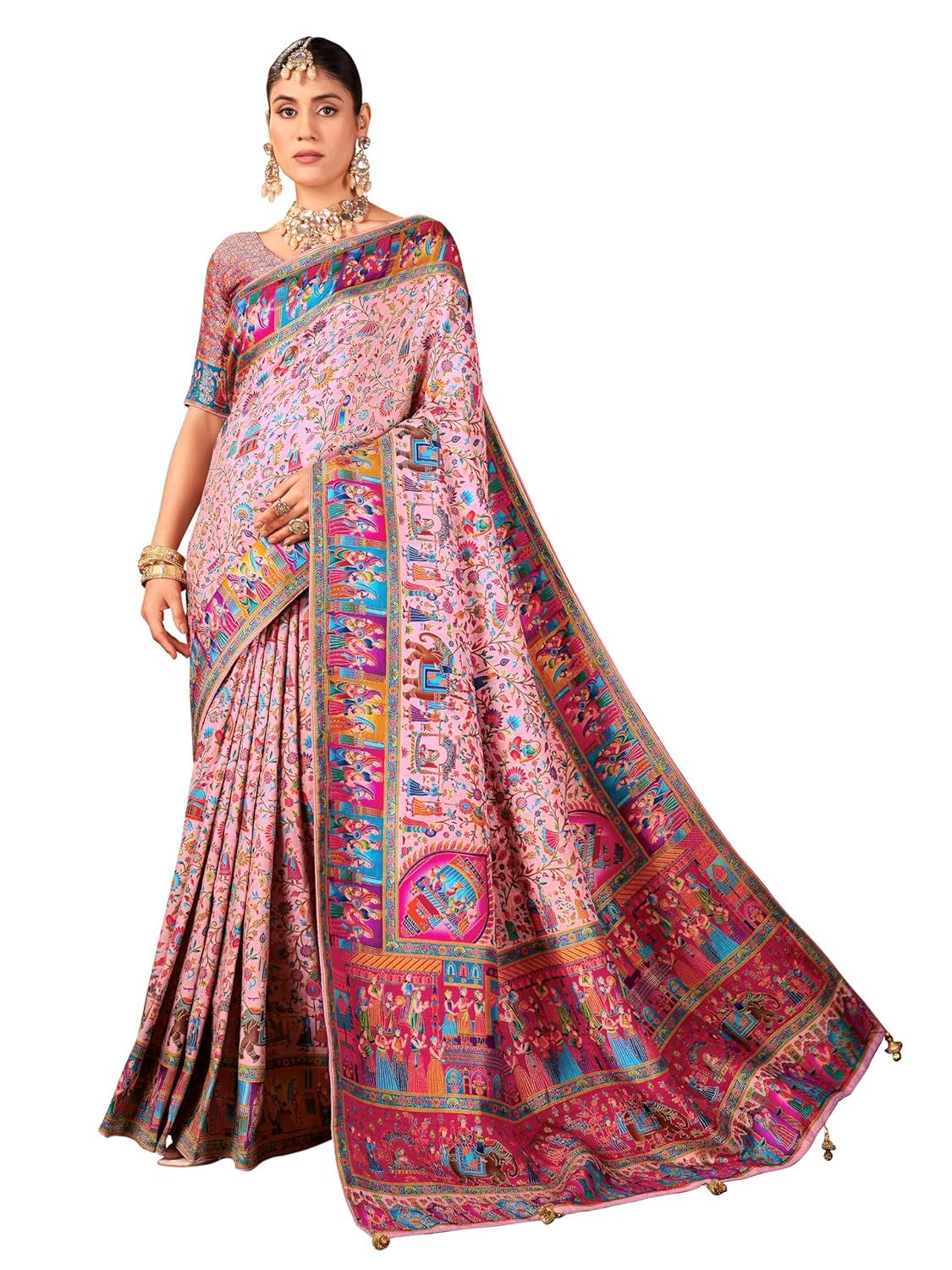 Glory Sarees Women's Luxurious Dola Pure Silk Original Saree Position Print Work Madhubani Inspired Motifs Banarasi Kanjivaram Style Saree With Blouse Piece (Elegant101_Parent) - Image 4