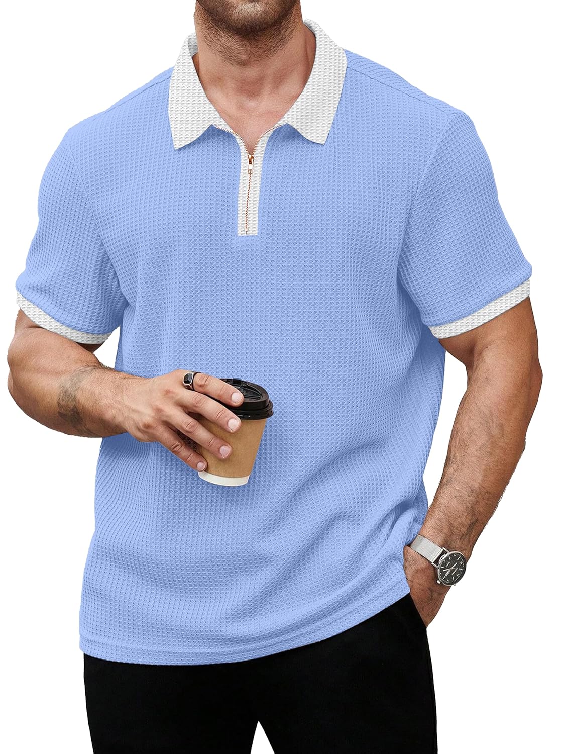 KAJARU Men's Waffle Knit Polo T-Shirt, Short Sleeve, Zip Collar with White Trim (POLO-8034) - Image 4