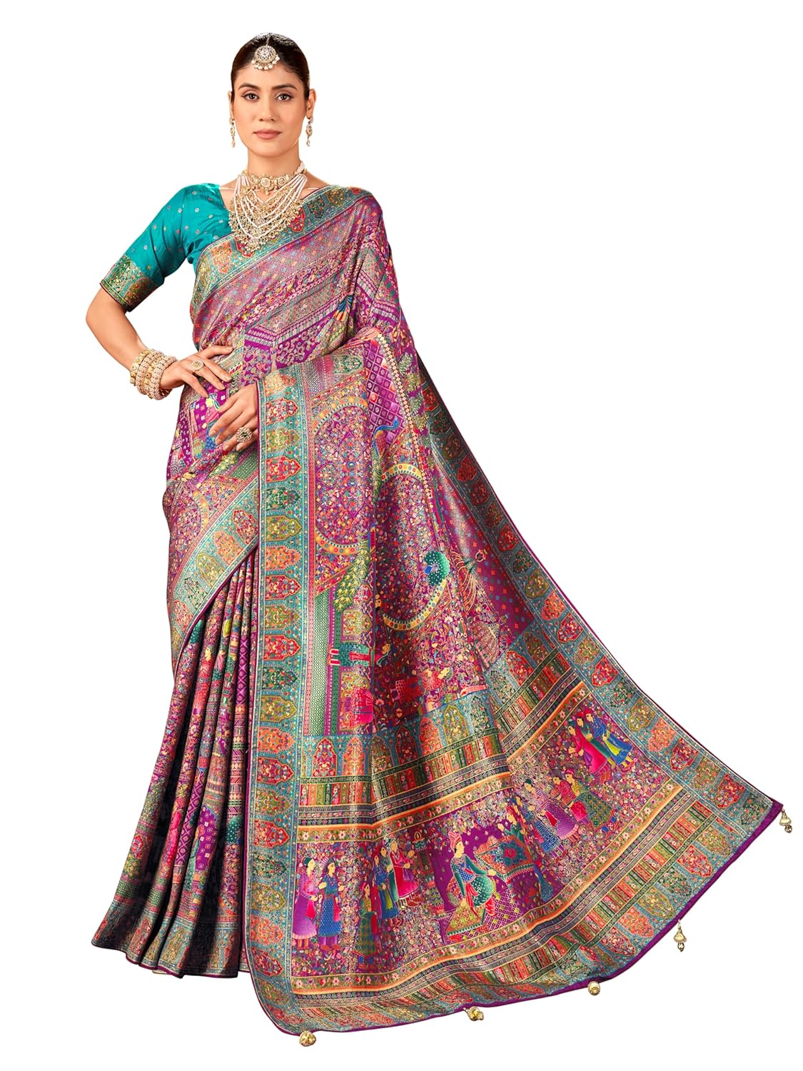 Glory Sarees Women's Luxurious Dola Pure Silk Original Saree Position Print Work Madhubani Inspired Motifs Banarasi Kanjivaram Style Saree With Blouse Piece (Elegant101_Parent)