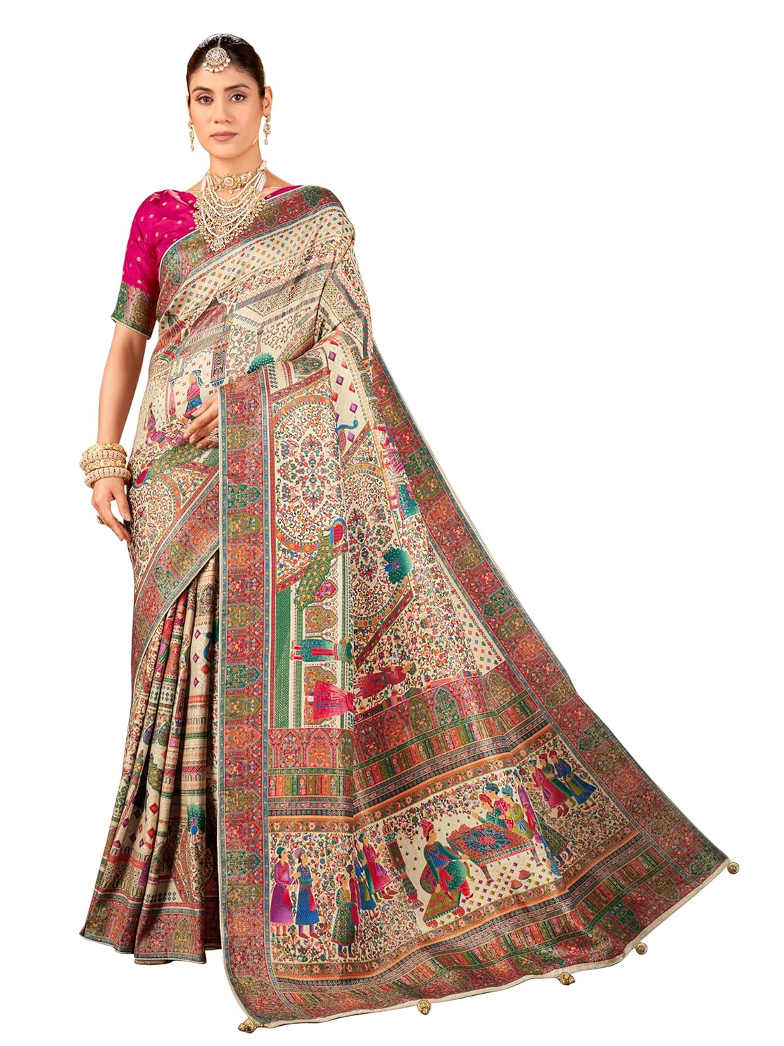 Glory Sarees Women's Luxurious Dola Pure Silk Original Saree Position Print Work Madhubani Inspired Motifs Banarasi Kanjivaram Style Saree With Blouse Piece (Elegant101_Parent) - Image 21