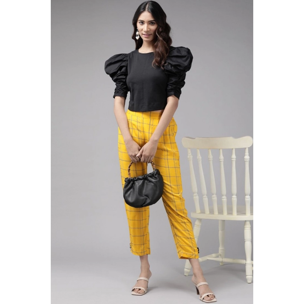 Generic Women's Casual Checked Rayon Trouser Pant (Yellow) - Image 4
