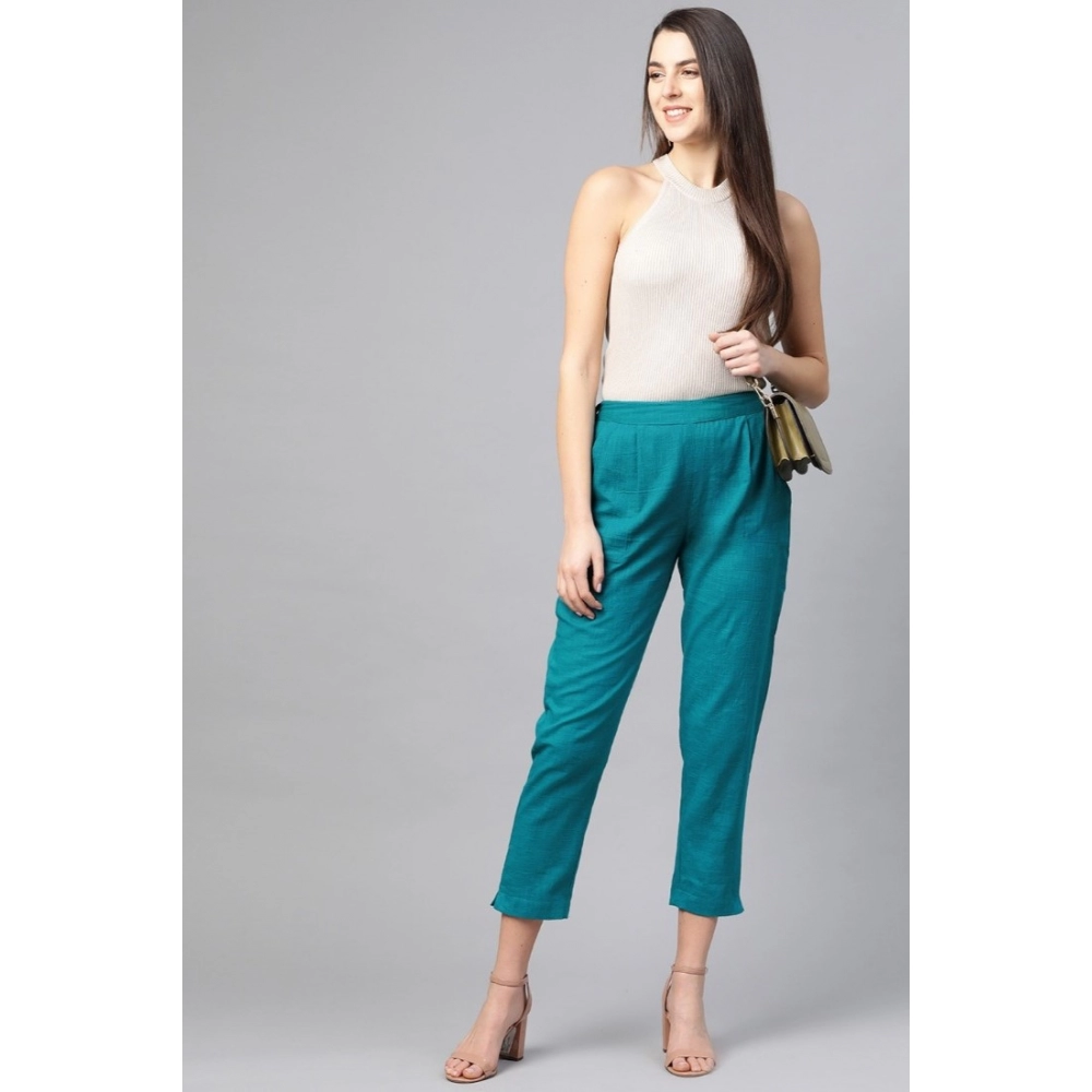 Generic Women's Casual Solid Cotton Slub Trouser Pant (Rama Blue) - Image 4