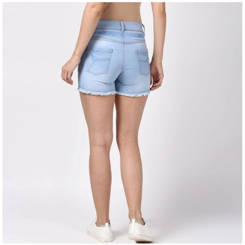 Generic Women's Denim Solid Buttoned Shorts (Blue) - Image 2