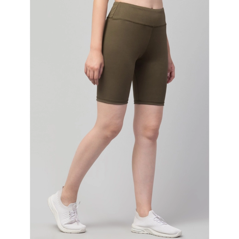 Generic Women's Polyester Solid Above Knee High-Rise Shorts (Olive) - Image 3