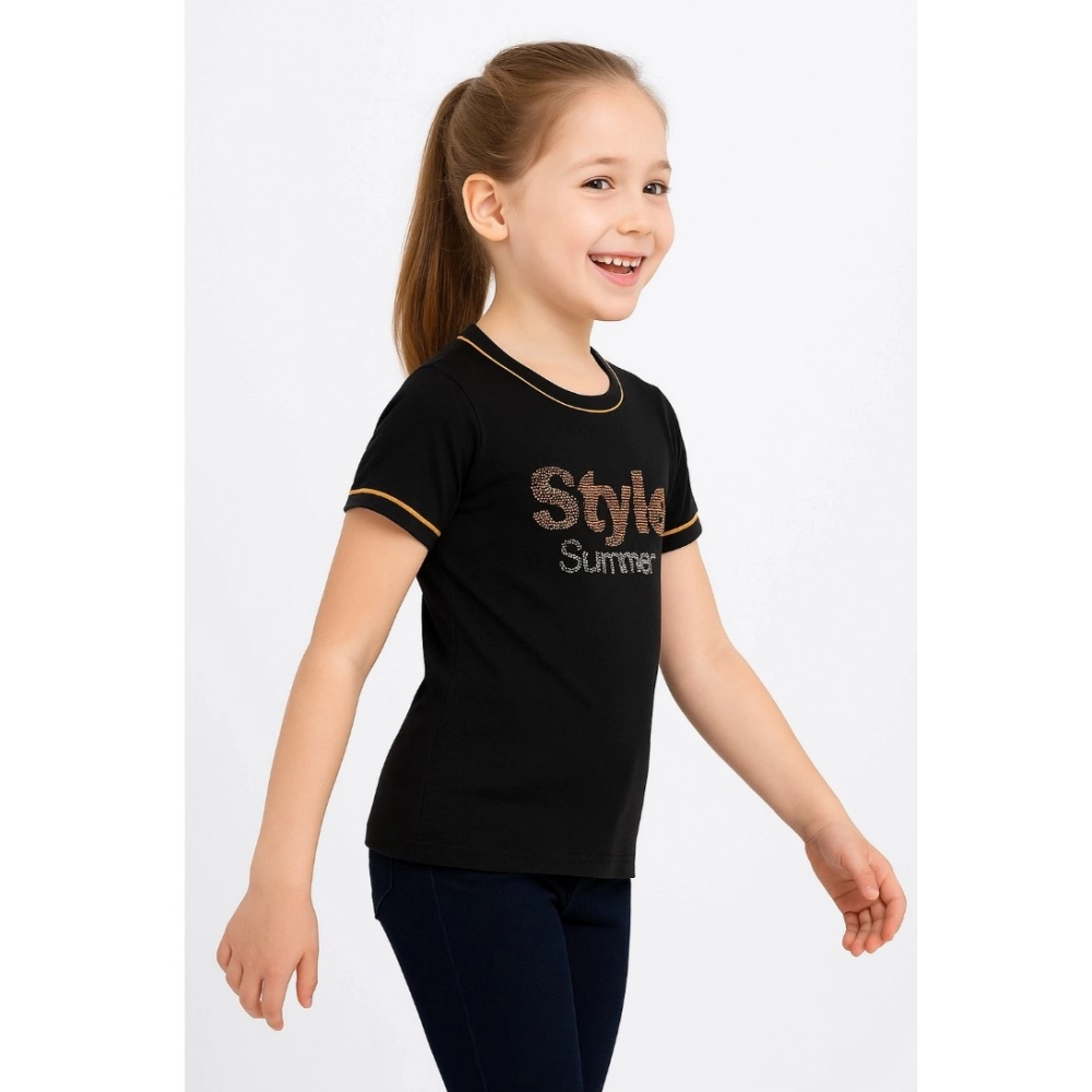 Generic Girl's Cotton Printeded Round Neck T-Shirt (Black) - Image 3
