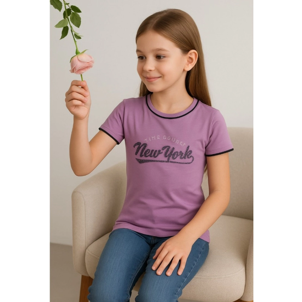 Generic Girl's Cotton Printeded Round Neck T-Shirt (Lavander) - Image 3