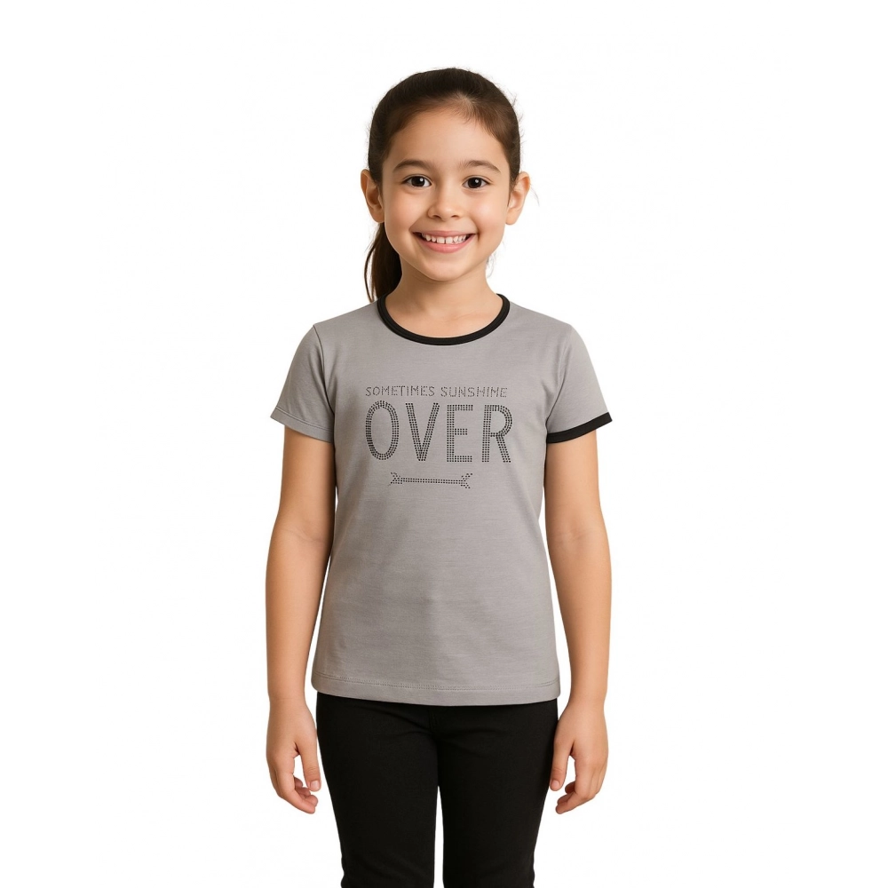 Generic Girl's Cotton Printeded Round Neck T-Shirt (Grey)