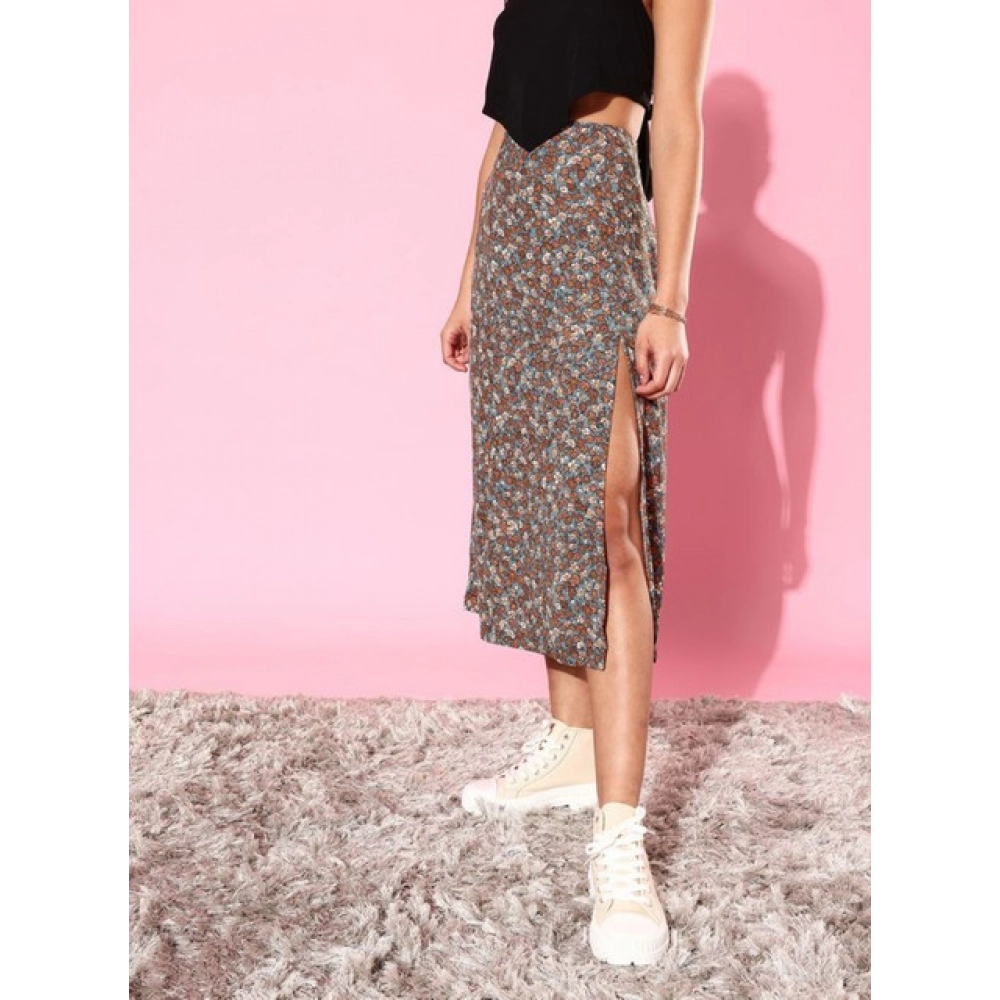 Generic Women's Polyester Floral Side Zip Skirt (Grey - Coral) - Image 3