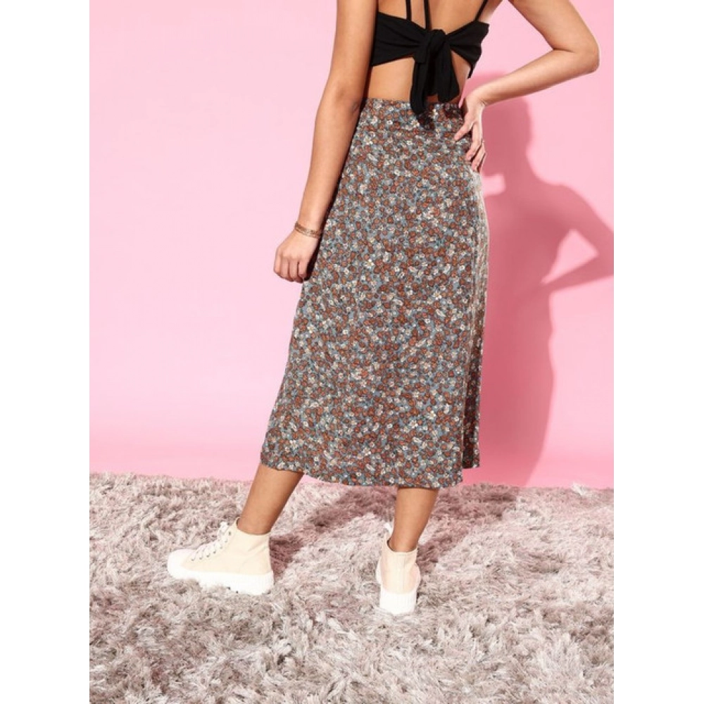 Generic Women's Polyester Floral Side Zip Skirt (Grey - Coral) - Image 4