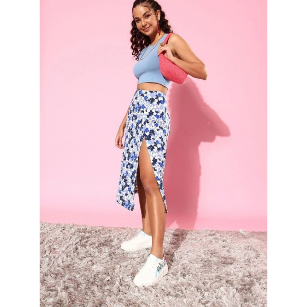 Generic Women's Polyester Floral Side Zip Skirt (Blue - White) - Image 2