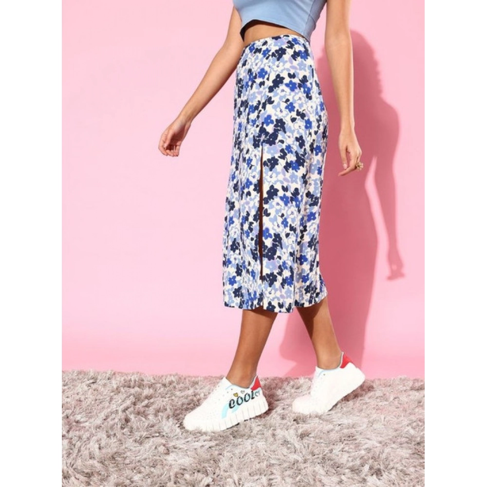 Generic Women's Polyester Floral Side Zip Skirt (Blue - White) - Image 3