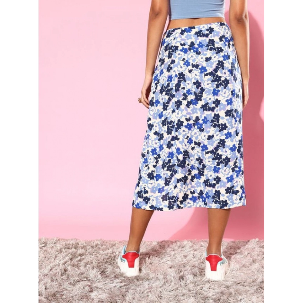 Generic Women's Polyester Floral Side Zip Skirt (Blue - White) - Image 4