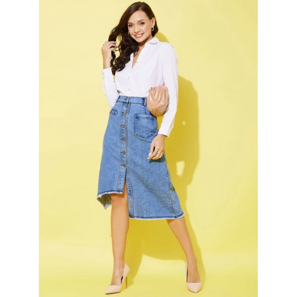 Generic Women's Denim Hi Lo Buttoned Skirt (Blue) - Image 2