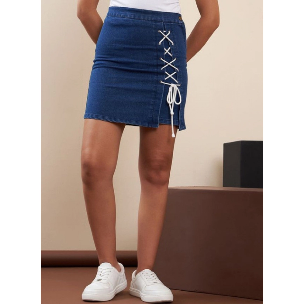 Generic Women's Denim Lycra Solid Button Skirt (Blue) - Image 3