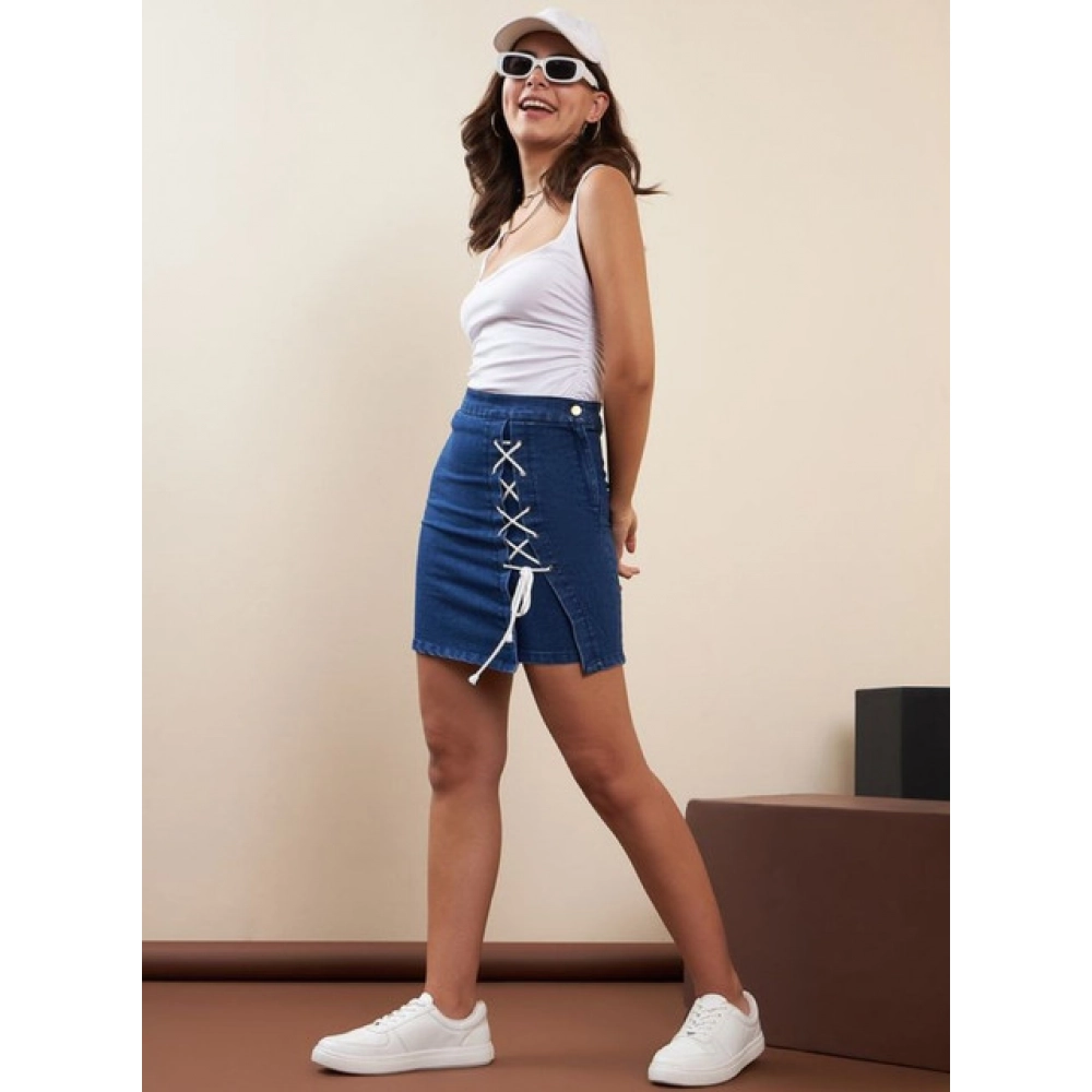 Generic Women's Denim Lycra Solid Button Skirt (Blue) - Image 4
