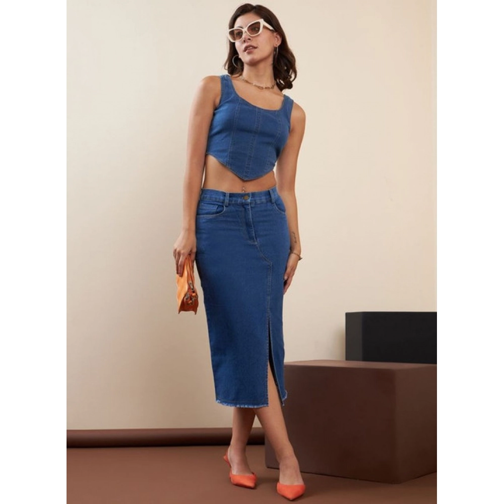 Generic Women's Denim Lycra Solid Button Skirt (Blue) - Image 4