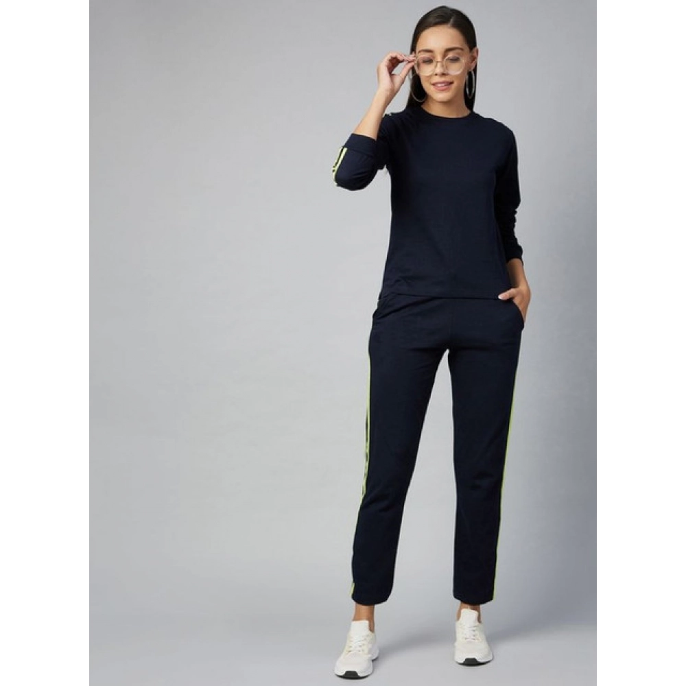 Generic Women's Cotton Solid Long Sleeves Tracksuit (Navy - Green) - Image 3