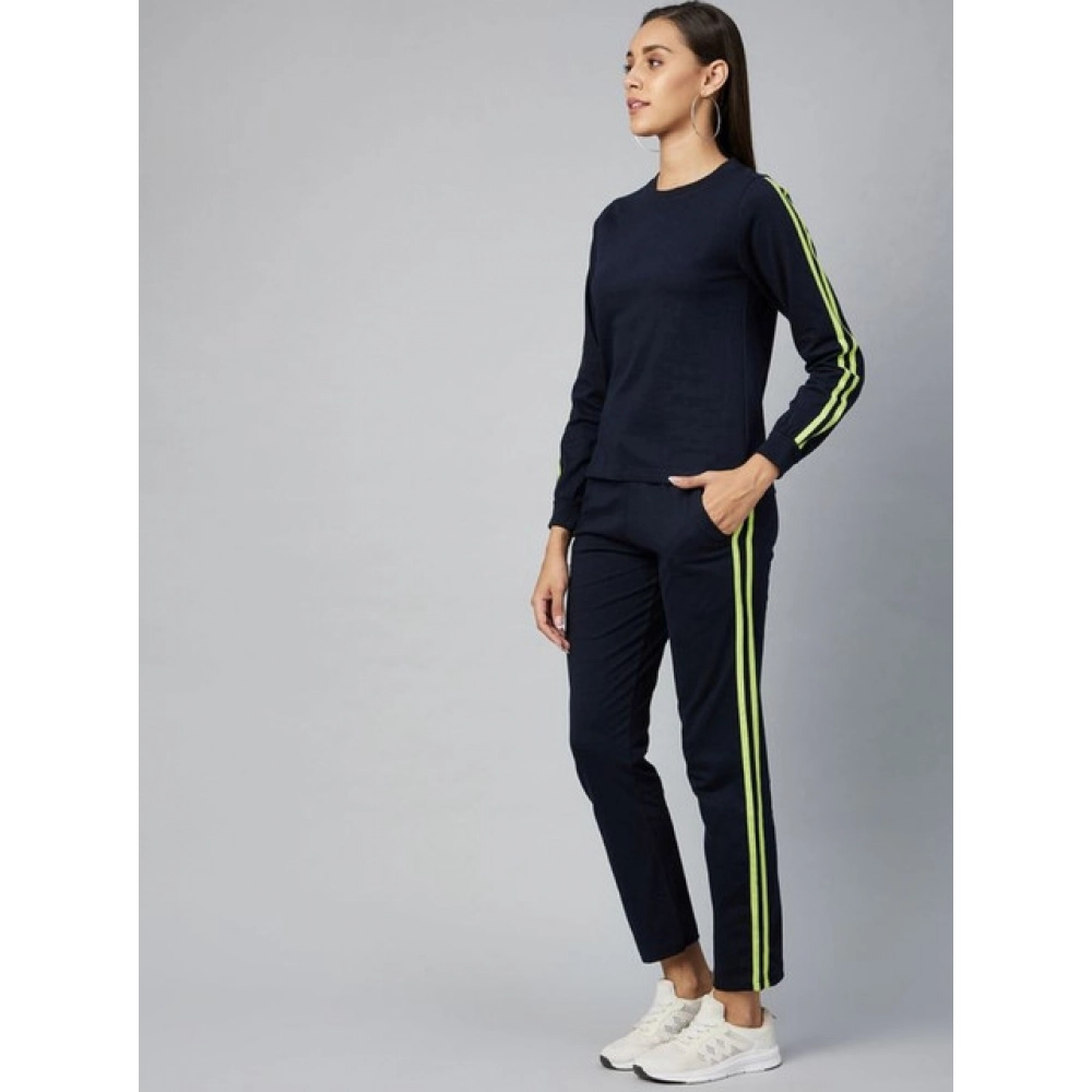Generic Women's Cotton Solid Long Sleeves Tracksuit (Navy - Green) - Image 4