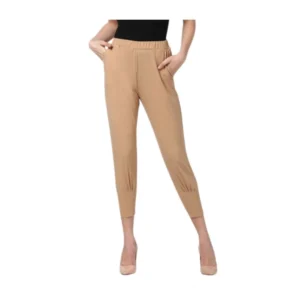 Generic Women's Polyester Solid Elasticated Trousers (Beige)