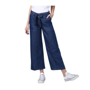 Generic Women's Denim Solid Elasticated Trousers (Blue)
