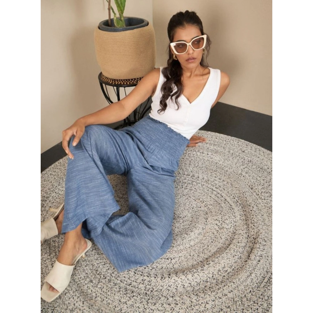 Generic Women's Cotton Self Design Smocked Trousers (Blue) - Image 2